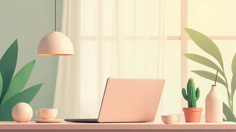 Espacio de trabajo cálido y acogedor para terapia online con laptop, té y plantas